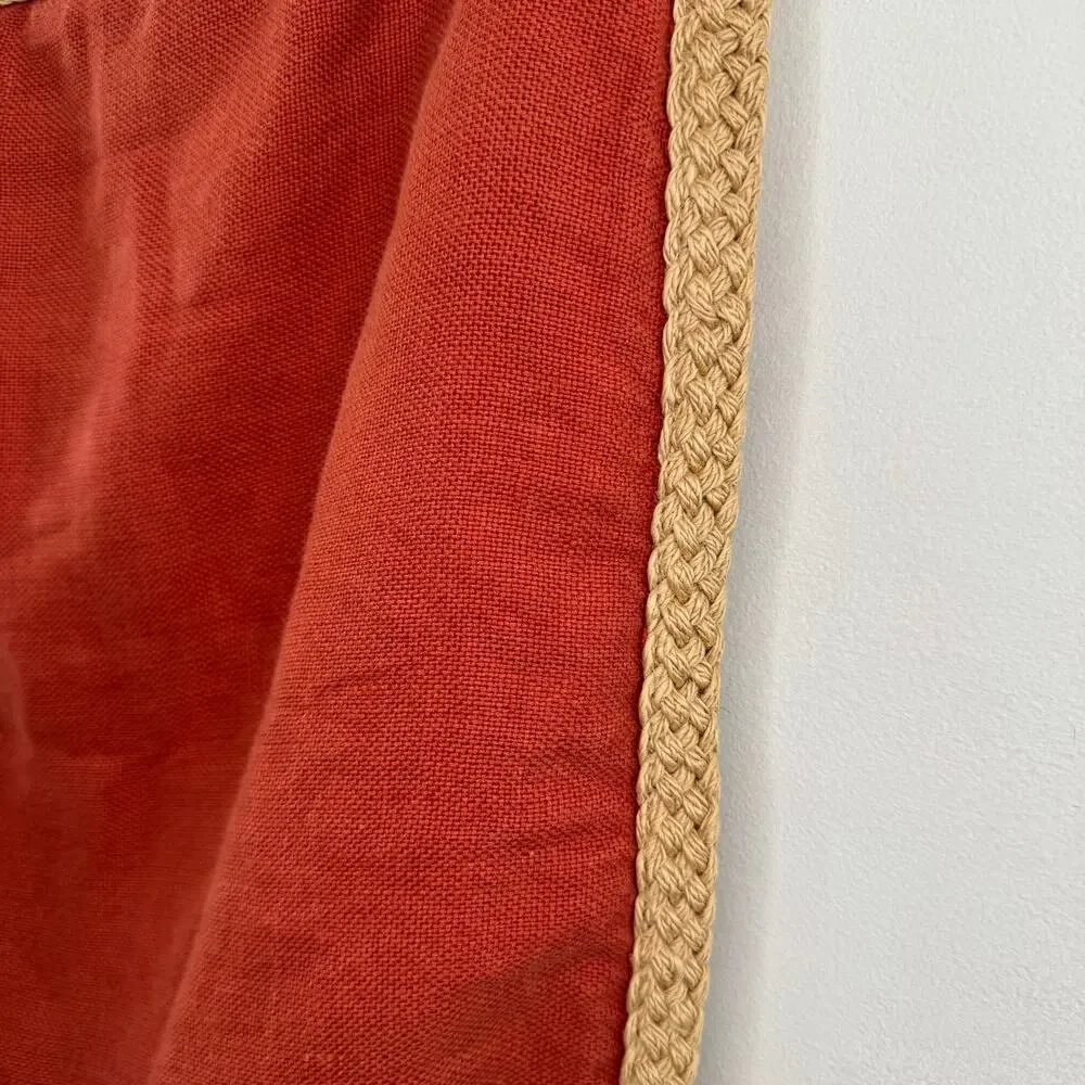 Set of 2 POTTERY BARN Orange Beige Pillow Cases Linen Jute Braided Trim Square
